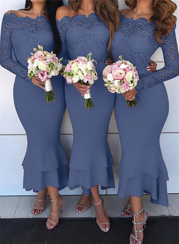 Trumpet/Mermaid Off-The-Shoulder Long Sleeves Lace/Satin Bridesmaid Dresses, product image 9