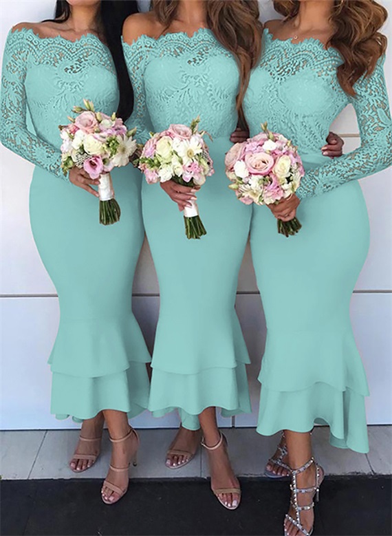 Trumpet/Mermaid Off-The-Shoulder Long Sleeves Lace/Satin Bridesmaid Dresses, product image 46
