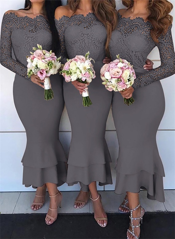 Trumpet/Mermaid Off-The-Shoulder Long Sleeves Lace/Satin Bridesmaid Dresses, product image 57