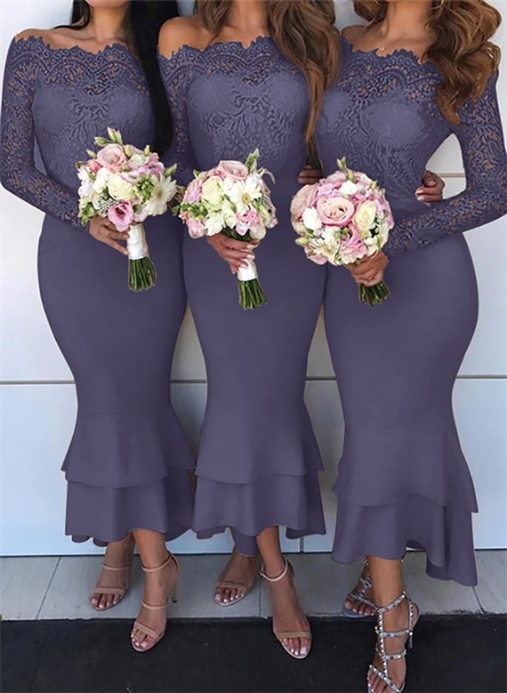 Trumpet/Mermaid Off-The-Shoulder Long Sleeves Lace/Satin Bridesmaid Dresses, product image 10
