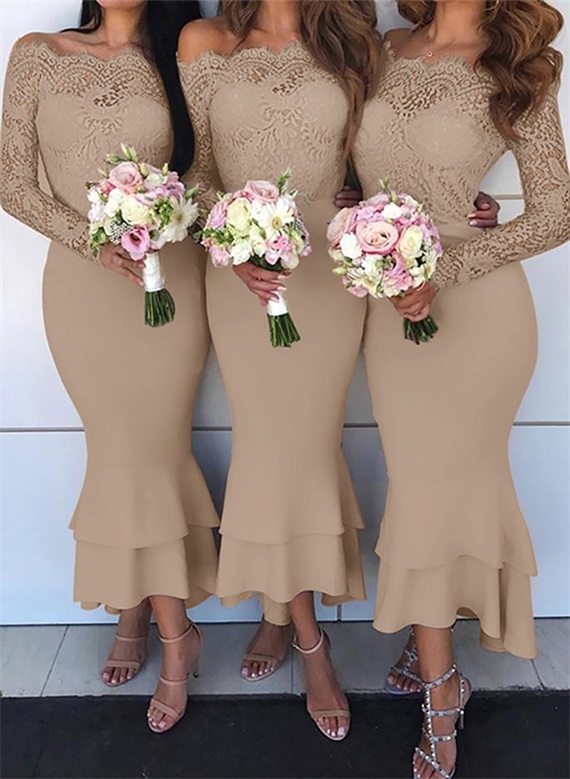 Trumpet/Mermaid Off-The-Shoulder Long Sleeves Lace/Satin Bridesmaid Dresses, product image 47