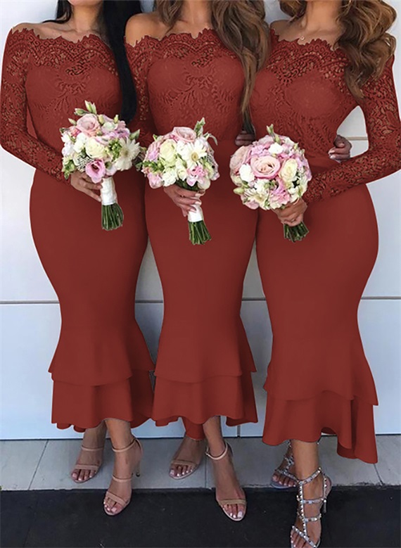 Trumpet/Mermaid Off-The-Shoulder Long Sleeves Lace/Satin Bridesmaid Dresses, product image 28