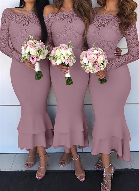 Trumpet/Mermaid Off-The-Shoulder Long Sleeves Lace/Satin Bridesmaid Dresses, product image 32