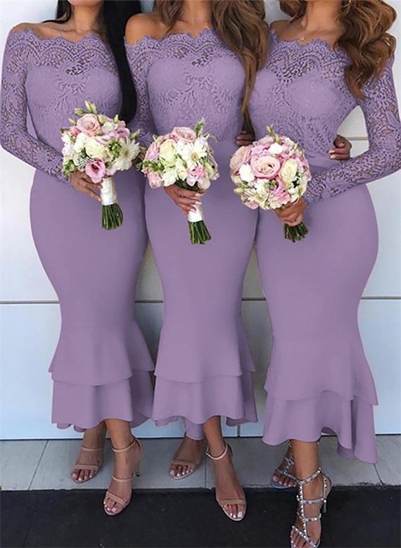 Trumpet/Mermaid Off-The-Shoulder Long Sleeves Lace/Satin Bridesmaid Dresses, product image 31