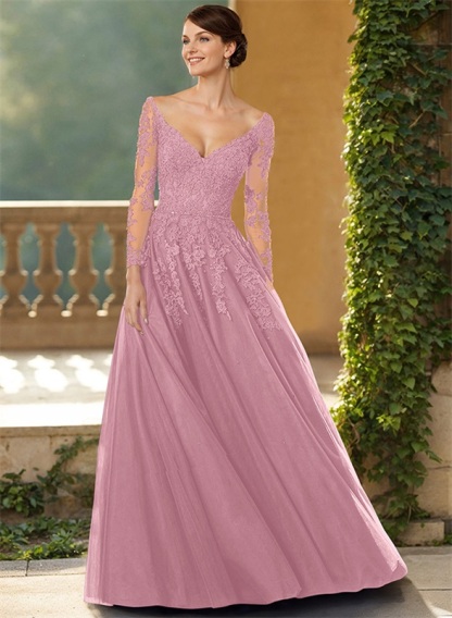 A-Line V-Neck Elegant Long Sleeves Tulle/Lace Mother Of The Bride Dresses