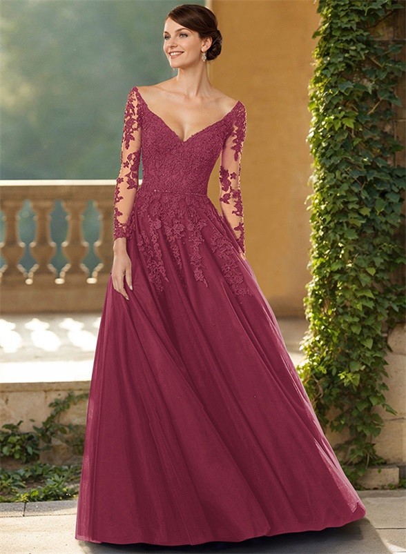 A-Line V-Neck Elegant Long Sleeves Tulle/Lace Mother Of The Bride Dresses