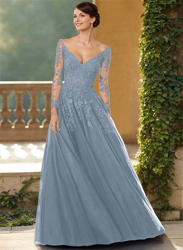 A-Line V-Neck Elegant Long Sleeves Tulle/Lace Mother Of The Bride Dresses