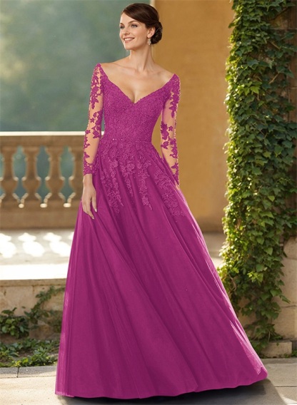 A-Line V-Neck Elegant Long Sleeves Tulle/Lace Mother Of The Bride Dresses