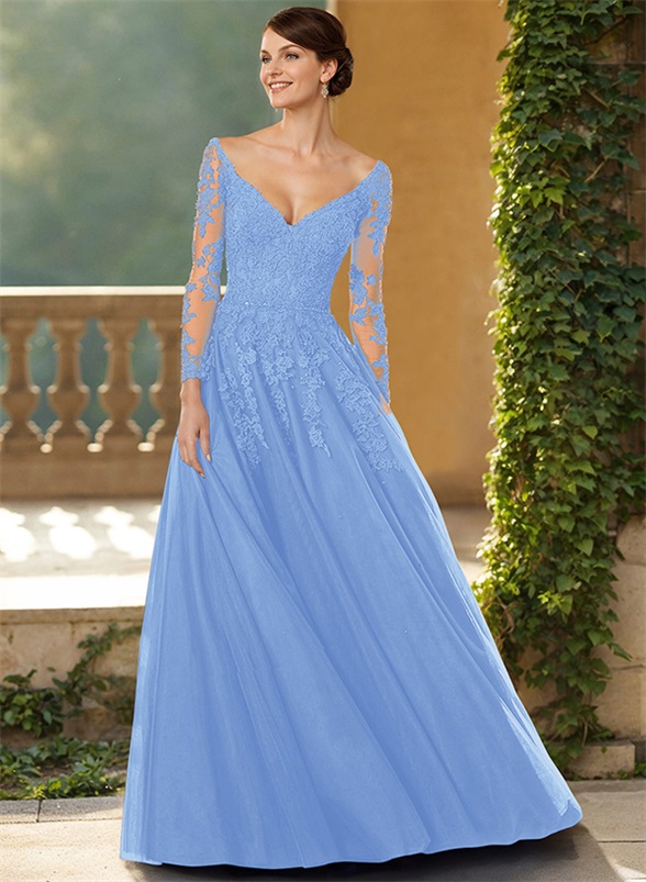 A-Line V-Neck Elegant Long Sleeves Tulle/Lace Mother Of The Bride Dresses