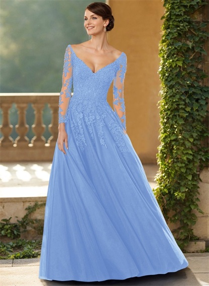 A-Line V-Neck Elegant Long Sleeves Tulle/Lace Mother Of The Bride Dresses