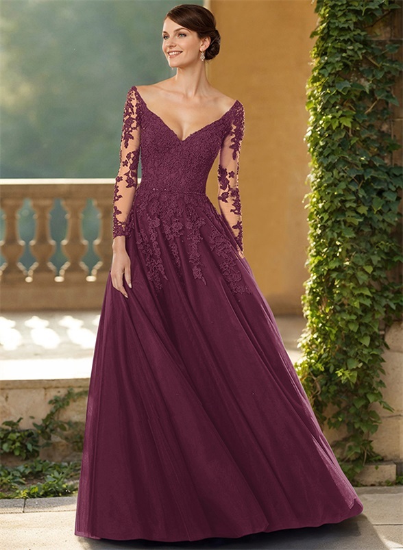 A-Line V-Neck Elegant Long Sleeves Tulle/Lace Mother Of The Bride Dresses