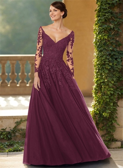 A-Line V-Neck Elegant Long Sleeves Tulle/Lace Mother Of The Bride Dresses