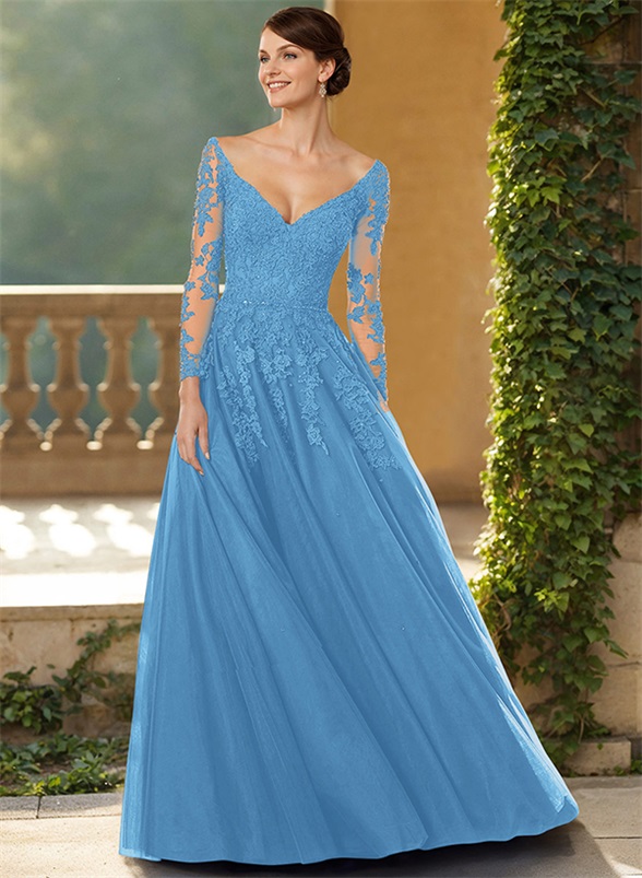 A-Line V-Neck Elegant Long Sleeves Tulle/Lace Mother Of The Bride Dresses