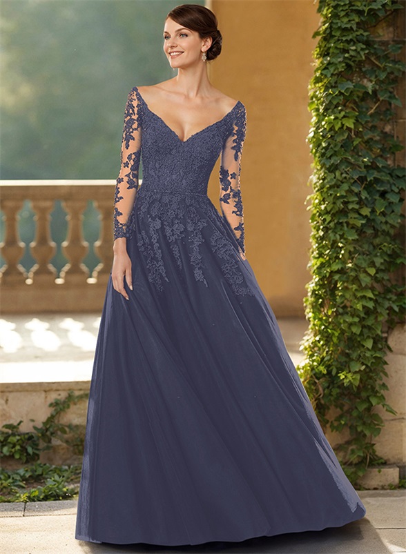 A-Line V-Neck Elegant Long Sleeves Tulle/Lace Mother Of The Bride Dresses