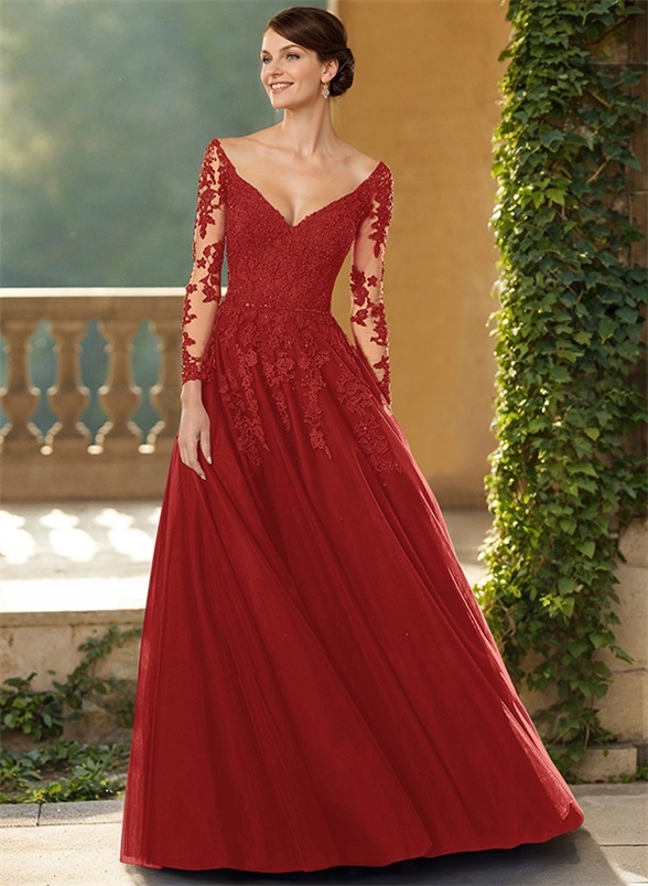 A-Line V-Neck Elegant Long Sleeves Tulle/Lace Mother Of The Bride Dresses