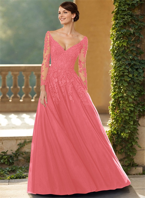 A-Line V-Neck Elegant Long Sleeves Tulle/Lace Mother Of The Bride Dresses