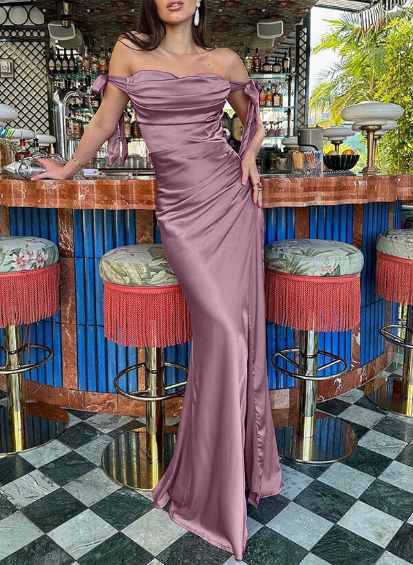 Sheath/Column Cowl Neck Sleeveless Silk Like Satin Bridesmaid Dresses With Split Front/Bow(s) in Vintage Mauve, US2