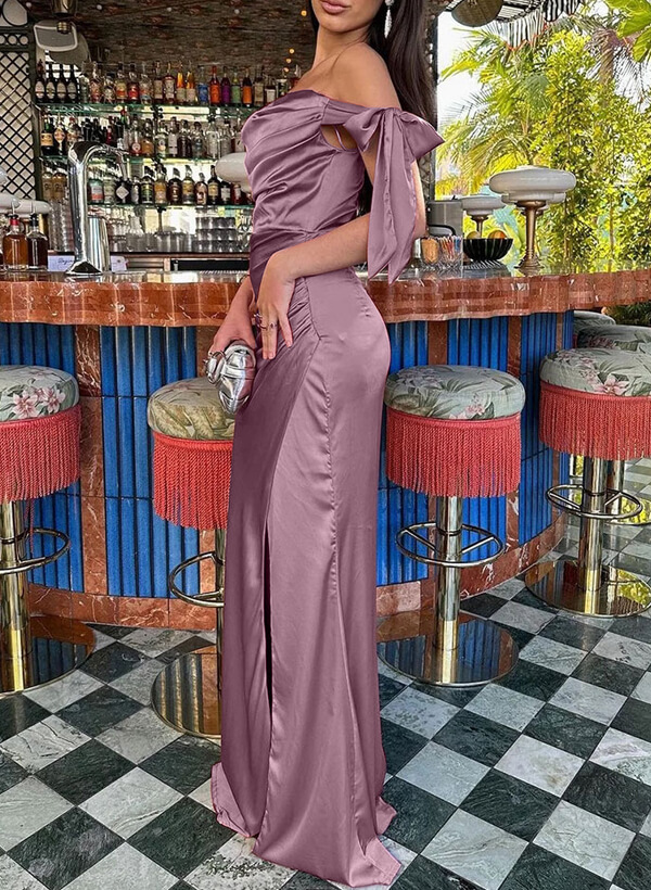 Sheath/Column Cowl Neck Sleeveless Silk Like Satin Bridesmaid Dresses With Split Front/Bow(s), image 2