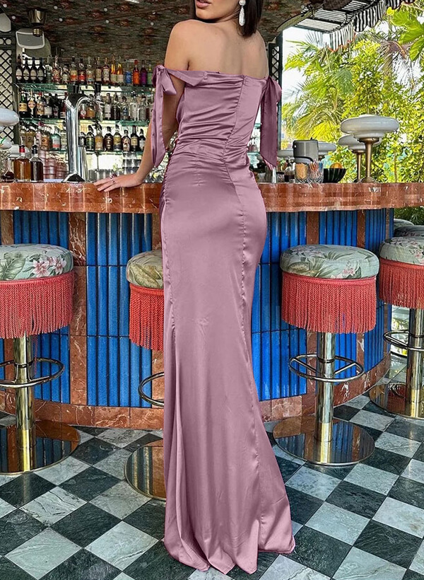 Sheath/Column Cowl Neck Sleeveless Silk Like Satin Bridesmaid Dresses With Split Front/Bow(s), image 3