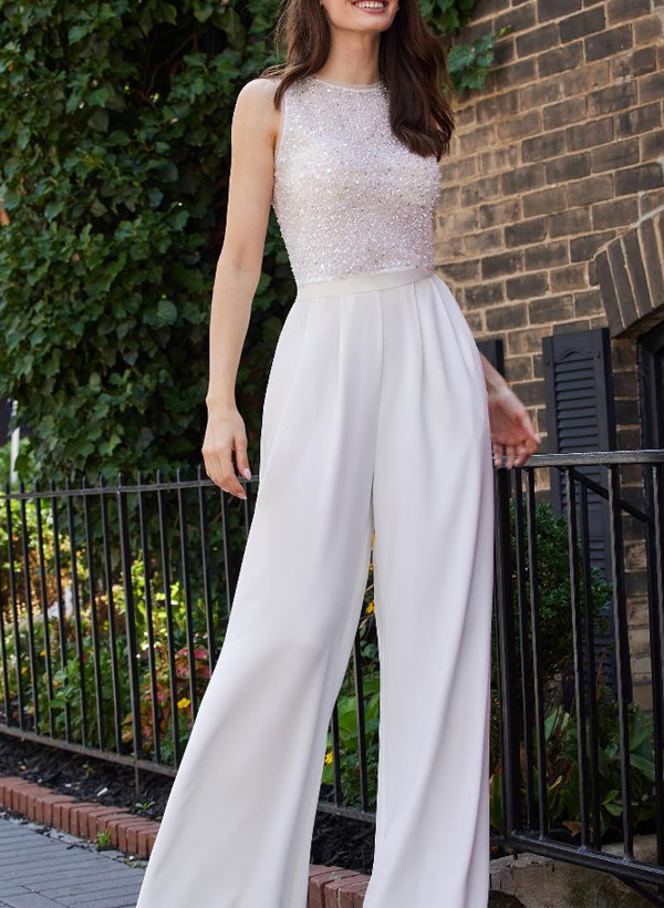 Pantsuit Scoop Neck Italian Satin/Sequined Wedding Dresses, image 1