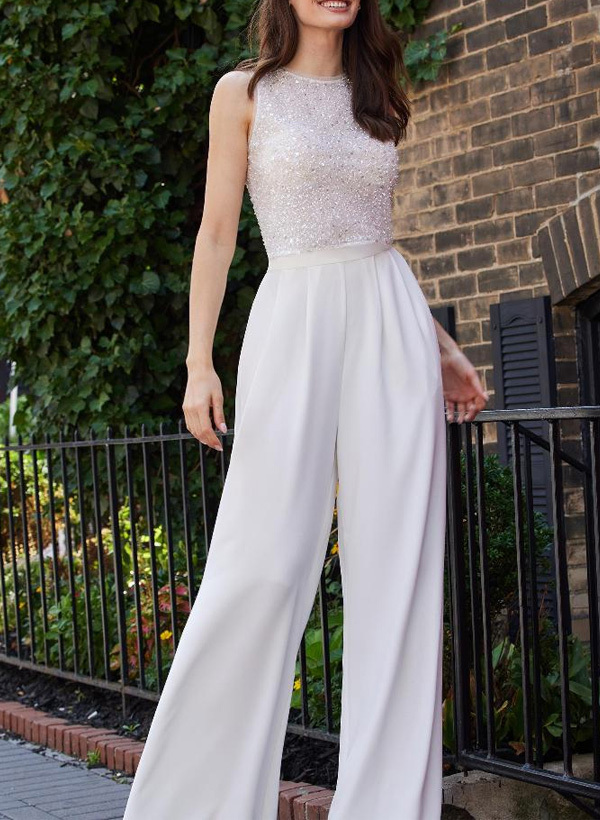 Pantsuit Scoop Neck Italian Satin/Sequined Wedding Dresses in White, US2