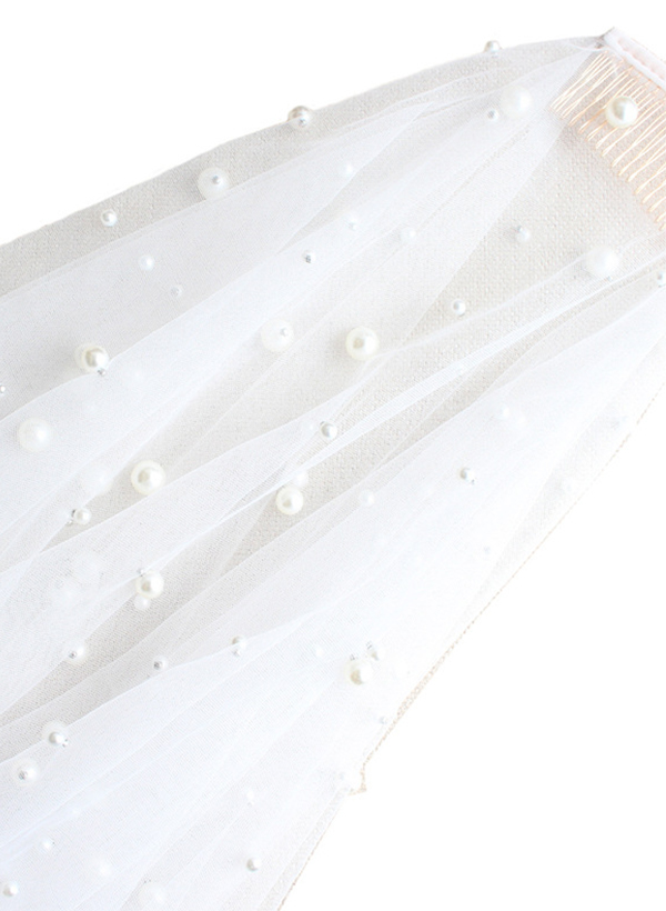 Cut Edge Two-Tier Fingertip Bridal Veils With Pearl