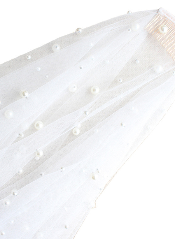 Cut Edge Two-Tier Fingertip Bridal Veils With Pearl