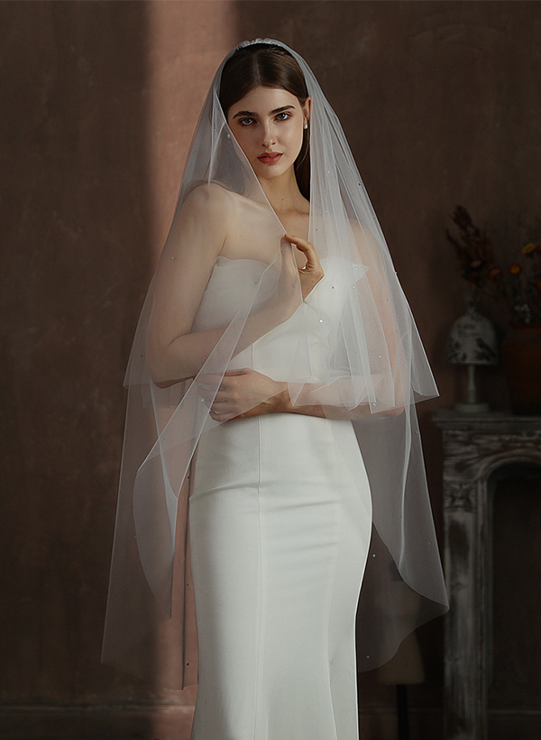 Cut Edge Two-Tier Fingertip Bridal Veils With Rhinestones
