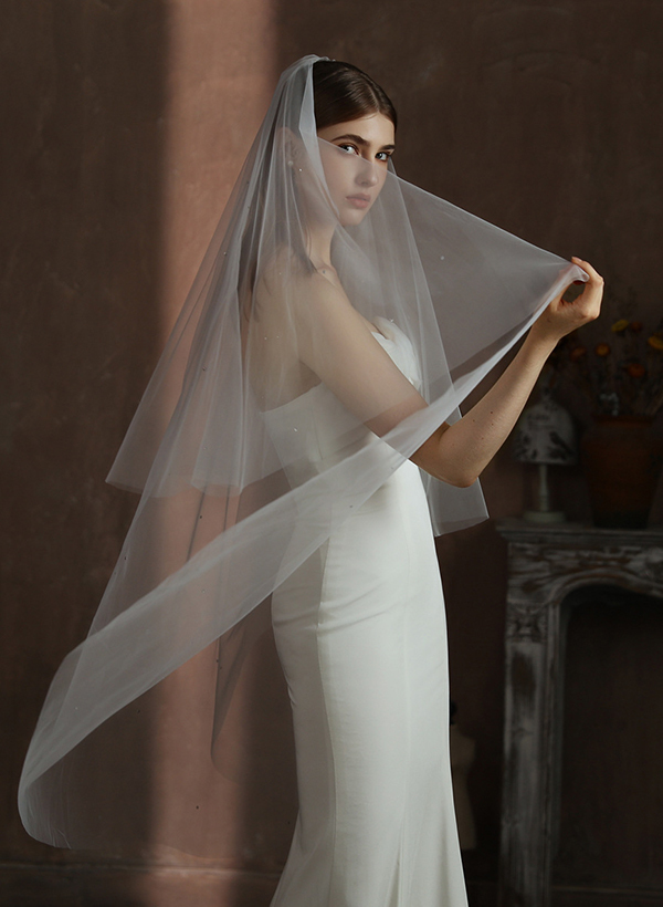 Cut Edge Two-Tier Fingertip Bridal Veils With Rhinestones