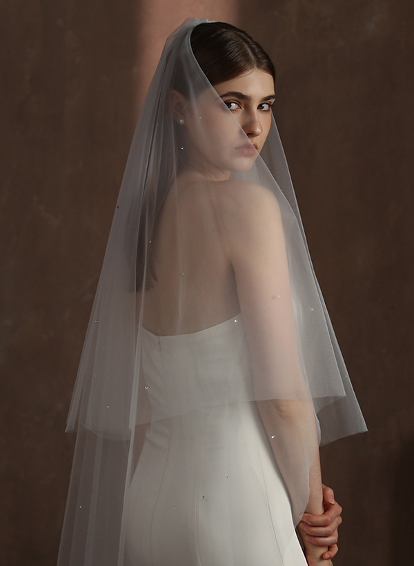 Cut Edge Two-Tier Fingertip Bridal Veils With Rhinestones