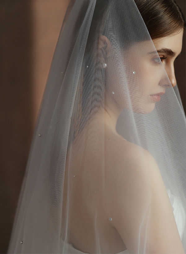 Cut Edge Two-Tier Fingertip Bridal Veils With Rhinestones