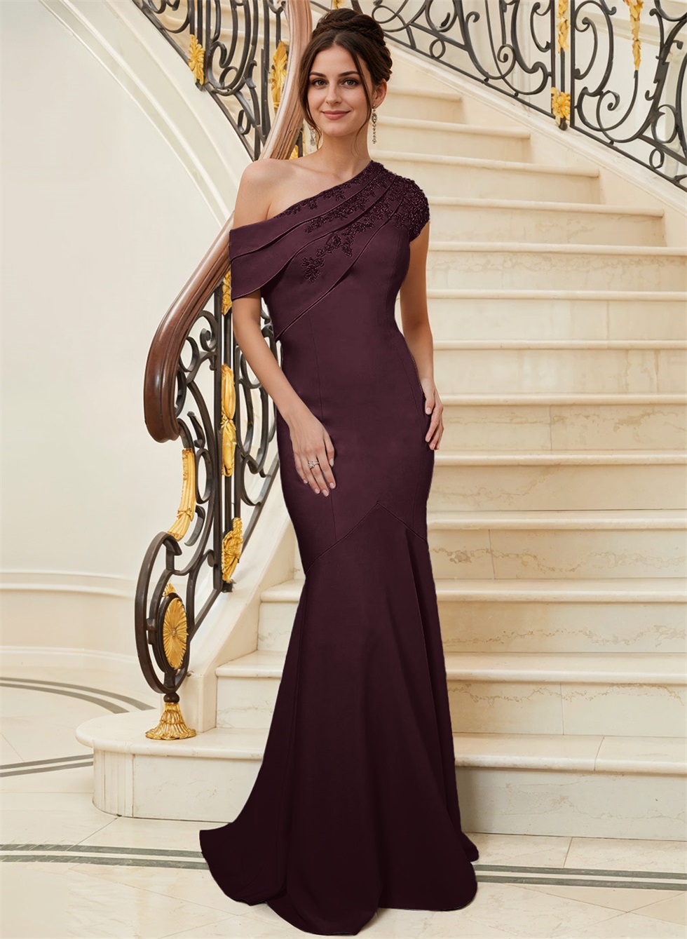Sheath Asymmetrical Neck Short Sleeves Sweep Train Elastic Satin Mother Of The Bride Dresses