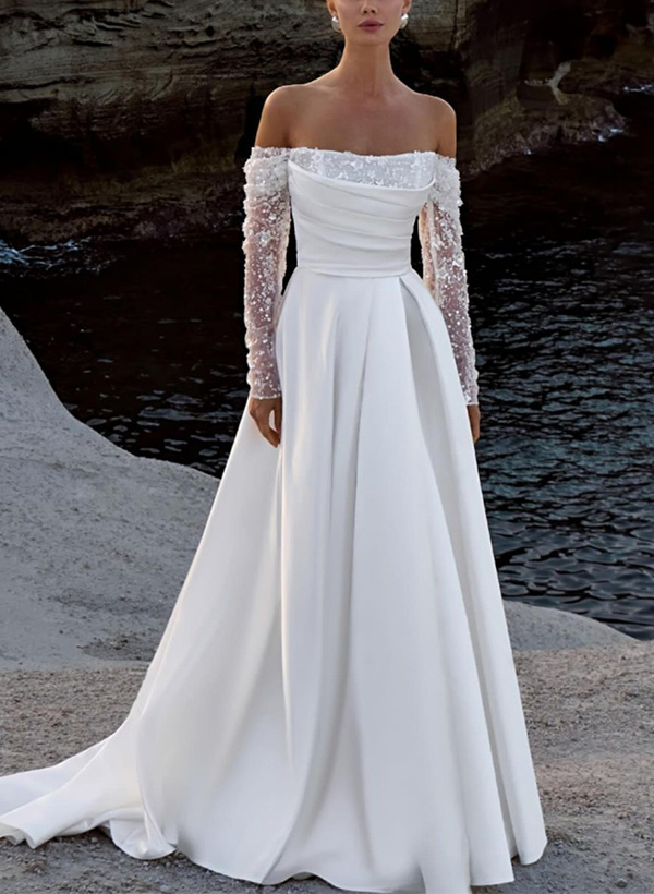 A-Line Off-The-Shoulder Long Sleeves Satin/Sequined Wedding Dresses, image 1