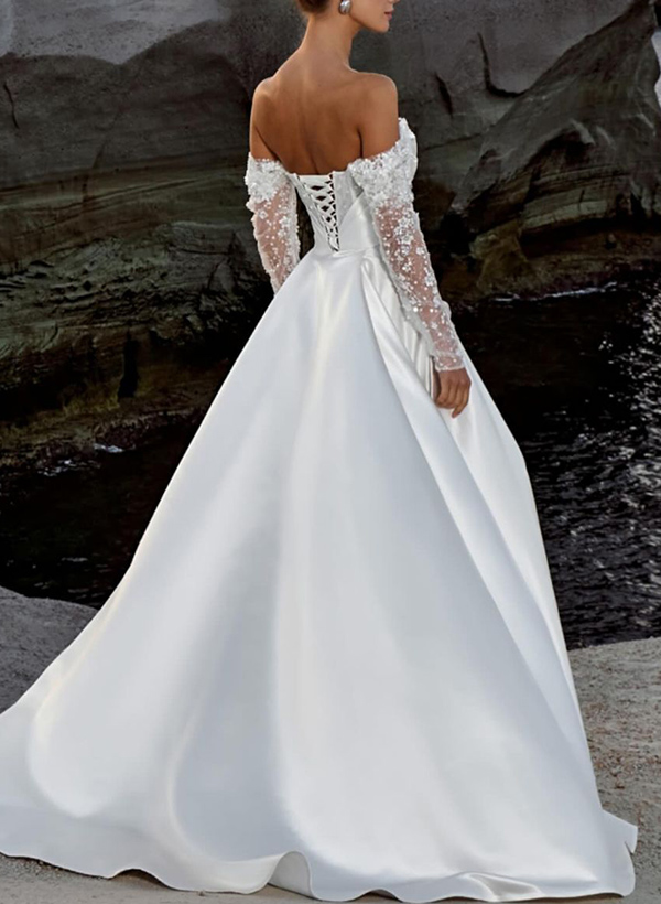 A-Line Off-The-Shoulder Long Sleeves Satin/Sequined Wedding Dresses, image 2