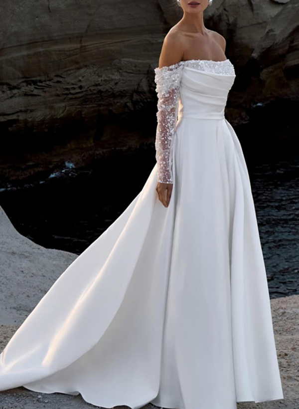 A-Line Off-The-Shoulder Long Sleeves Satin/Sequined Wedding Dresses, image 3