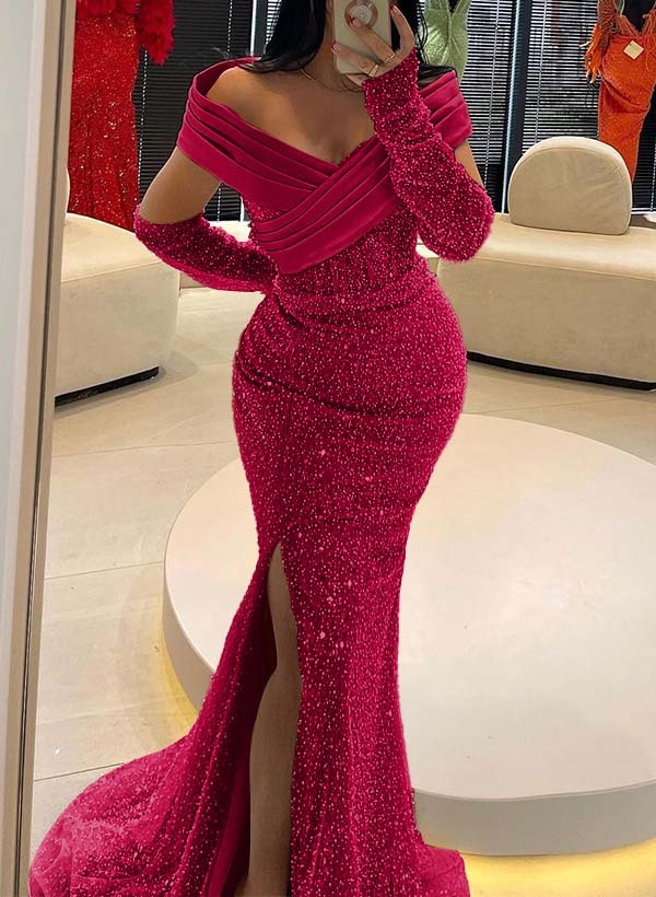 Trumpet/Mermaid Off-The-Shoulder Sequined Bridesmaid Dresses With High Split