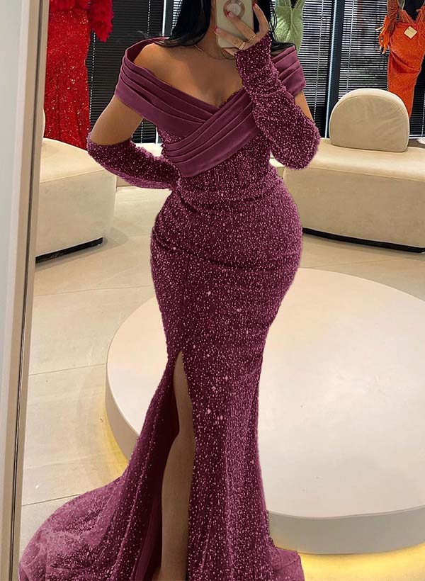Trumpet/Mermaid Off-The-Shoulder Sequined Bridesmaid Dresses With High Split