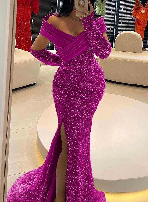 Trumpet/Mermaid Off-The-Shoulder Sequined Bridesmaid Dresses With High Split