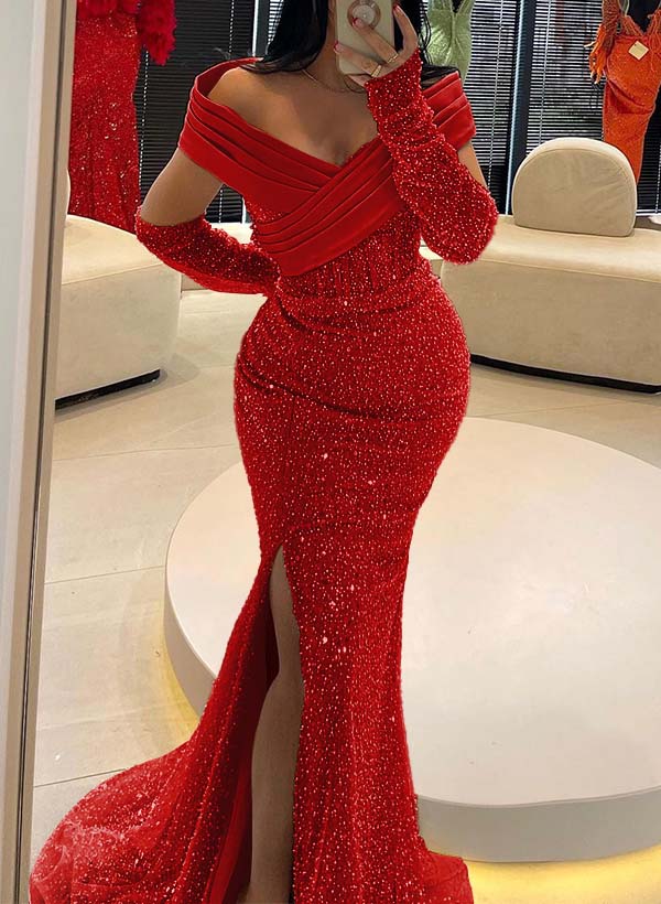 Trumpet/Mermaid Off-The-Shoulder Sequined Bridesmaid Dresses With High Split