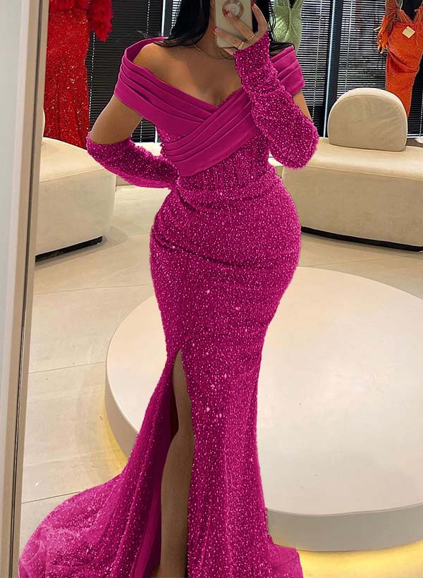 Trumpet/Mermaid Off-The-Shoulder Sequined Bridesmaid Dresses With High Split