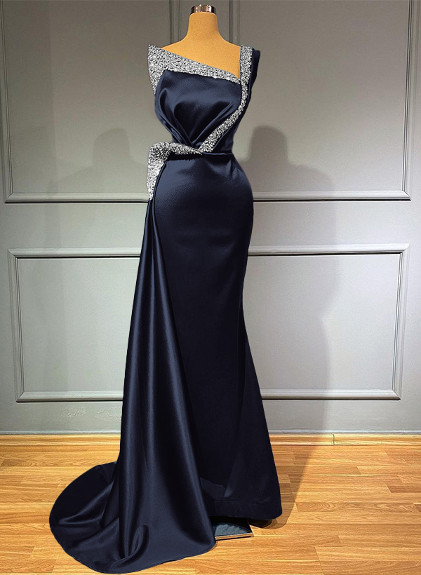Sheath/Column One-Shoulder Sweep Train Satin Bridesmaid Dresses With Rhinestone
