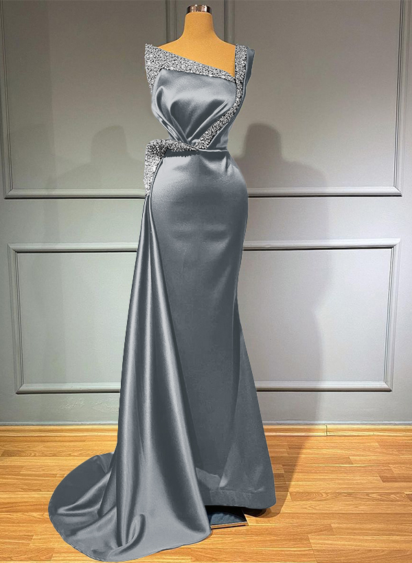 Sheath/Column One-Shoulder Sweep Train Satin Bridesmaid Dresses With Rhinestone