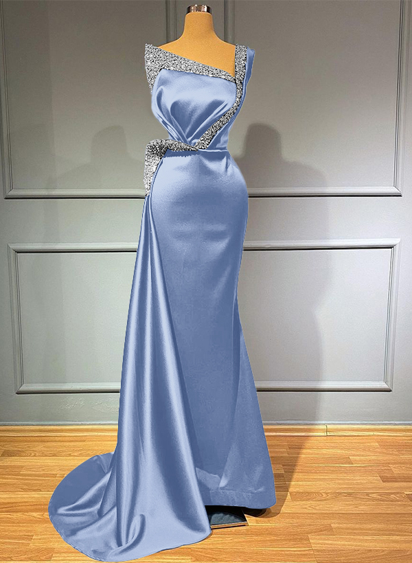 Sheath/Column One-Shoulder Sweep Train Satin Bridesmaid Dresses With Rhinestone