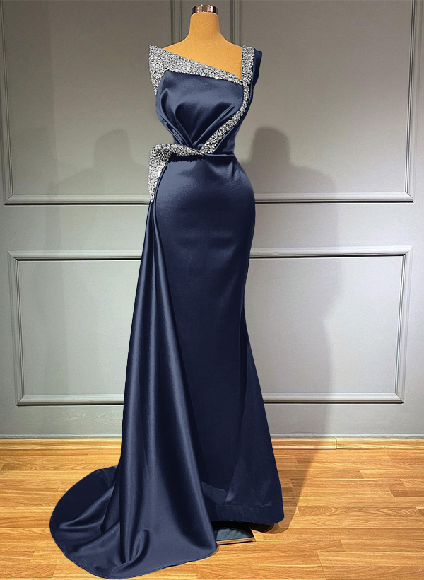 Sheath/Column One-Shoulder Sweep Train Satin Bridesmaid Dresses With Rhinestone