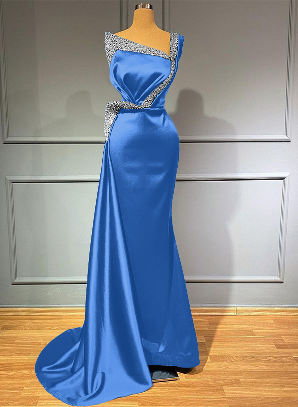 Sheath/Column One-Shoulder Sweep Train Satin Bridesmaid Dresses With Rhinestone