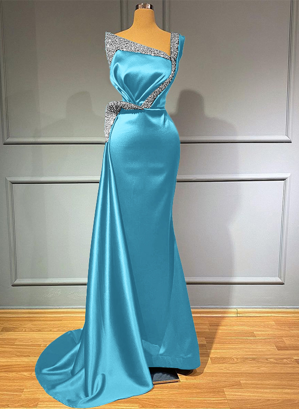 Sheath/Column One-Shoulder Sweep Train Satin Bridesmaid Dresses With Rhinestone
