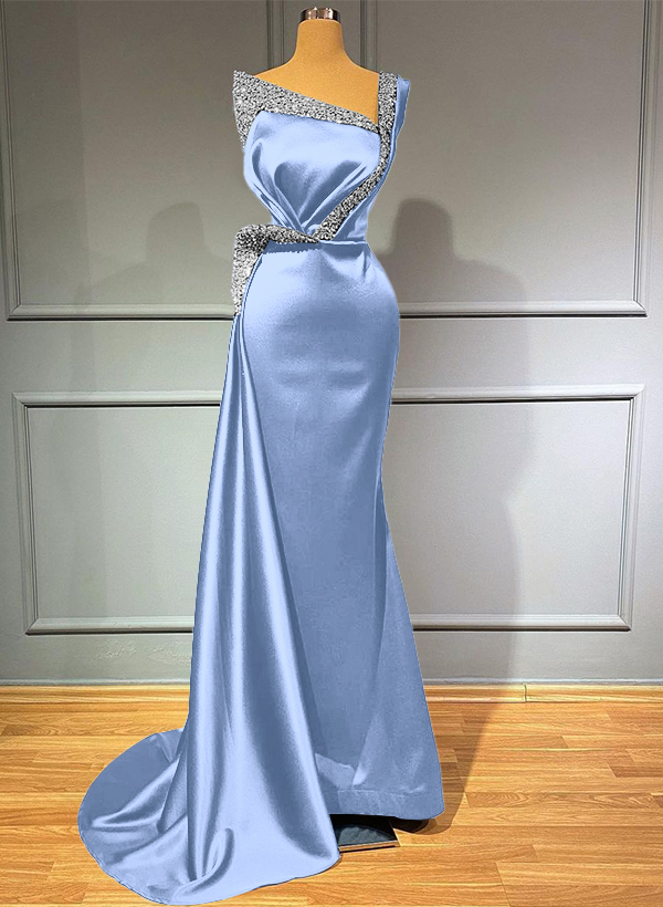 Sheath/Column One-Shoulder Sweep Train Satin Bridesmaid Dresses With Rhinestone
