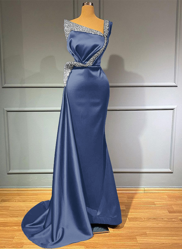 Sheath/Column One-Shoulder Sweep Train Satin Bridesmaid Dresses With Rhinestone
