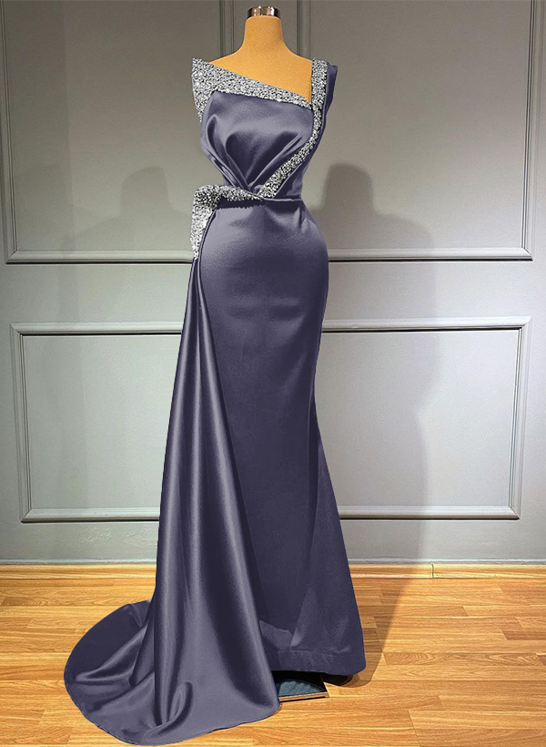 Sheath/Column One-Shoulder Sweep Train Satin Bridesmaid Dresses With Rhinestone