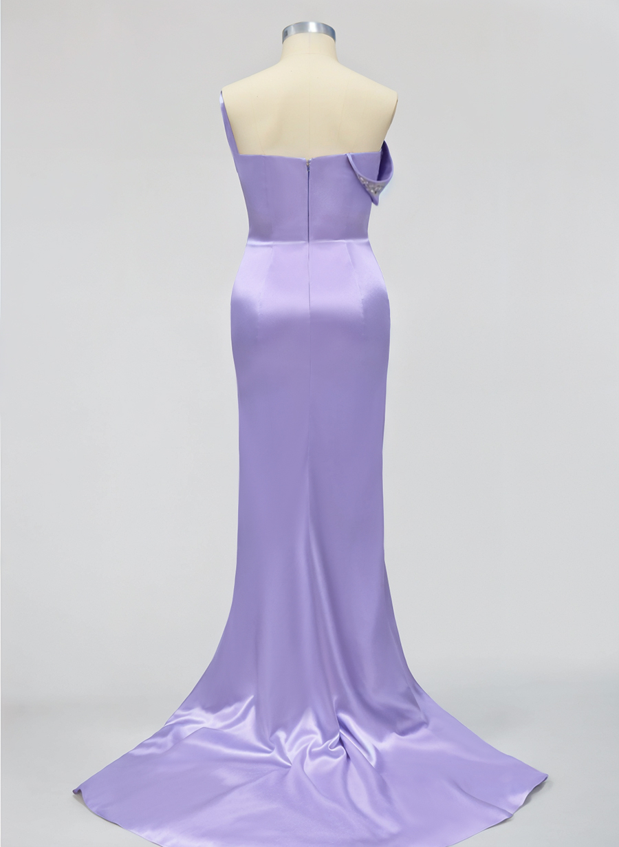 Sparkle Bejeweled Plunge Neck One-Shoulder Matte Satin Bridesmaid Dresses With Front Slit